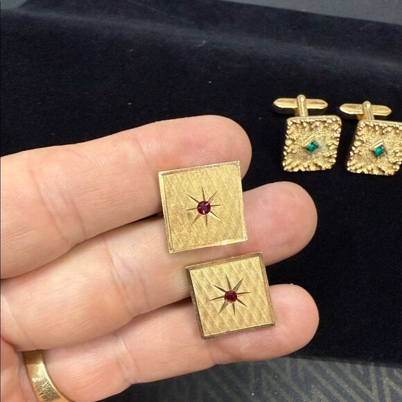 Antique Elegant Gold Cufflinks Set with Red and Green Accents - Picture 2 of 5